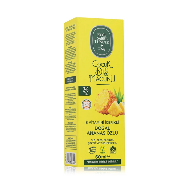 Eyup  Sabri Tuncer Doğal Ananas Özlü Çocuk Diş Macunu 60 ml | 2-6 Yaş | Florür, SLS ve SLES İçermez | Ksilitol & Kalsiyum Laktatlı