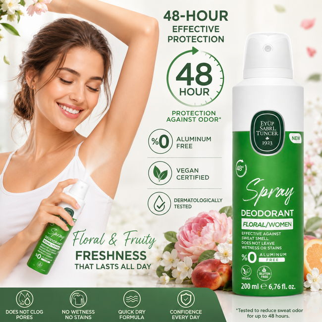 Eyup  Sabri Tuncer Floral Women's Deodorant Spray 200 ml – 48-Hour Odor Protection, Aluminum-Free, Vegan, Dermatologically Tested, Floral & Fruity Fragrance