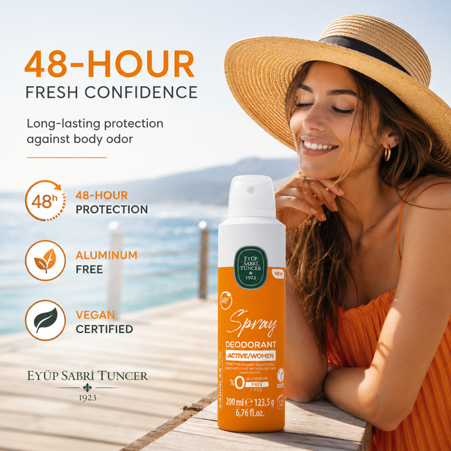 Eyup  Sabri Tuncer Active Damen Deodorant Spray 200 ml – 48 Stunden Schutz vor Körpergeruch, Aluminiumfrei, Vegan, Dermatologisch Getestet, Holziger & Blumiger Duft