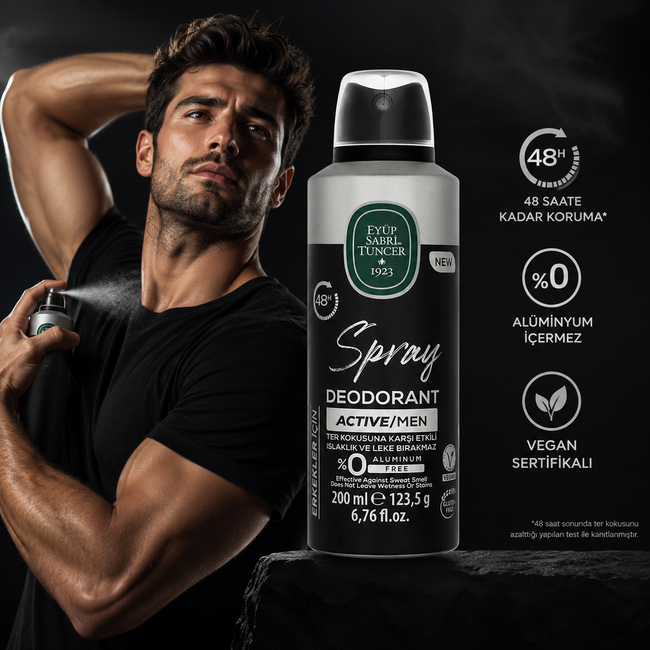 Eyup  Sabri Tuncer Active Déodorant Spray Homme 200 ml – Protection Contre les Odeurs Jusqu'à 48 Heures, Sans Aluminium, Vegan, Testé Dermatologiquement, Parfum Frais, Aromatique & Masculin