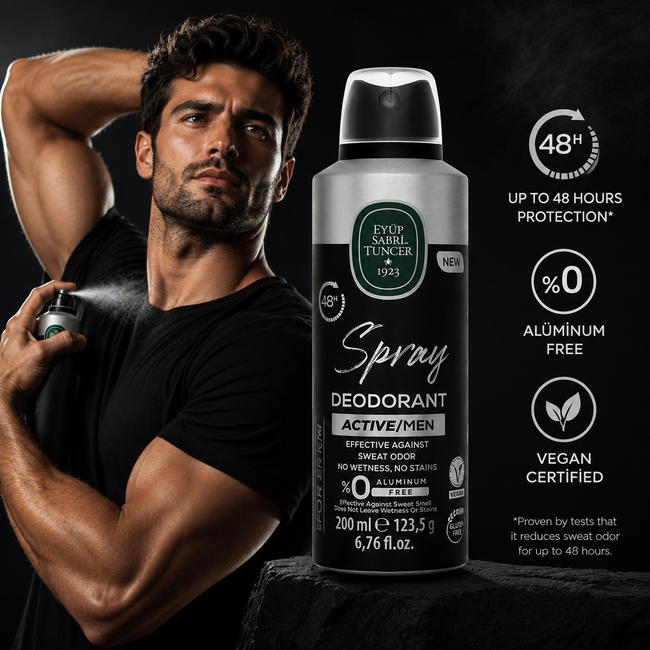 Eyup  Sabri Tuncer Active Men's Deodorant Spray 200 ml – 48-Hour Odor Protection, Aluminum-Free, Vegan, Dermatologically Tested, Fresh, Aromatic & Masculine Fragrance