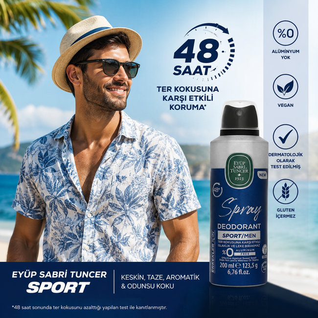 Eyup  Sabri Tuncer Sport Heren Deodorant Spray 200 ml – 48 Uur Bescherming tegen Transpiratiegeur, Aluminiumvrij, Vegan, Dermatologisch Getest, Fris, Aromatisch & Houtachtig