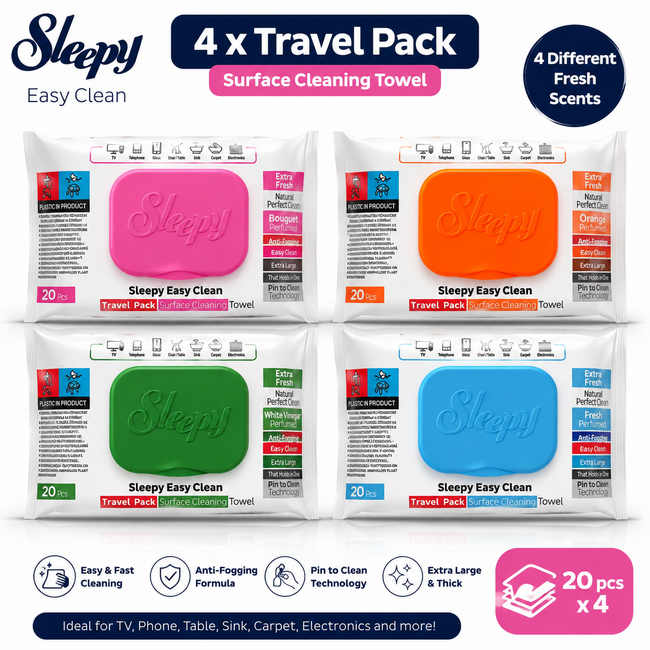 Sleepy Travel Pack Toallitas Limpiadoras para Superficies Pack Ahorro 4 x 20 Toallitas (80 Toallitas)