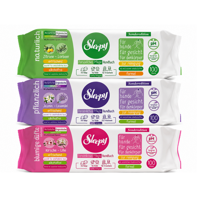 Sleepy Personal Care Doekjes 3-Pack – Jasmijn & Lavendel, Citroen & Laurier, Kers & Lelie – 3 x 100 Stuks
