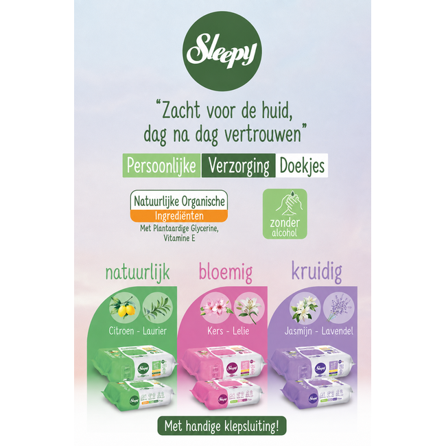 Sleepy Personal Care Doekjes 3-Pack – Jasmijn & Lavendel, Citroen & Laurier, Kers & Lelie – 3 x 100 Stuks
