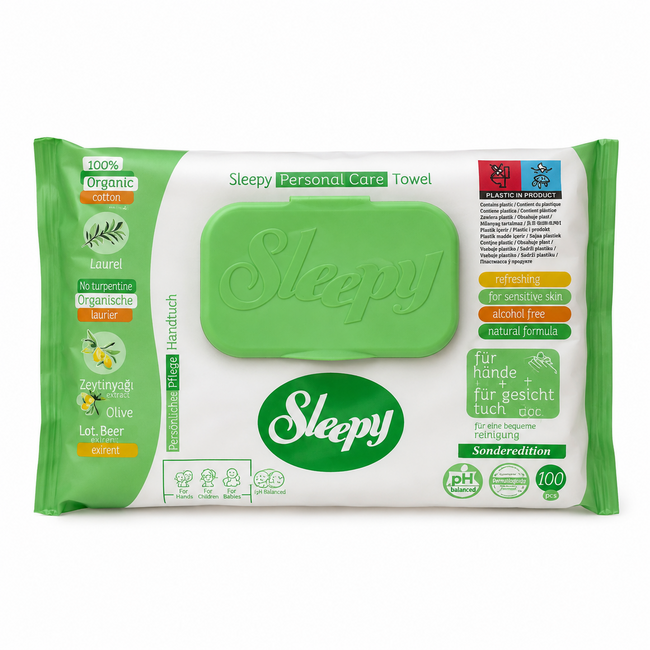 Sleepy Natural Toallitas Húmedas para Cuidado Personal 100 Unidades – Con Natural Organic Ingredients, Glicerina Vegetal y Vitamina E, Sin Alcohol, pH Equilibrado, Para Manos, Rostro y Cuerpo