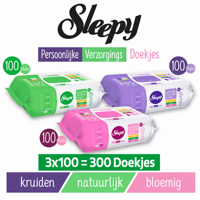 Sleepy Personal Care Doekjes 3-Pack – Jasmijn & Lavendel, Citroen & Laurier, Kers & Lelie – 3 x 100 Stuks