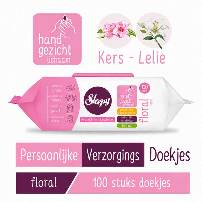Sleepy Personal Care Doekjes Floral 100 Stuks – Natural met Biologische Ingrediënten, Zachte Reiniging voor Dagelijkse Verzorging