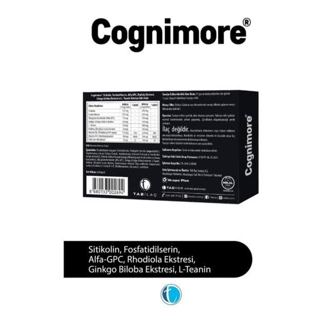 TAB ILAC Cognimore 60 Gélules Végétales – Citicoline 125 mg, Phosphatidylsérine 125 mg, Alpha-GPC, Ginkgo Biloba, Rhodiola & L-Théanine