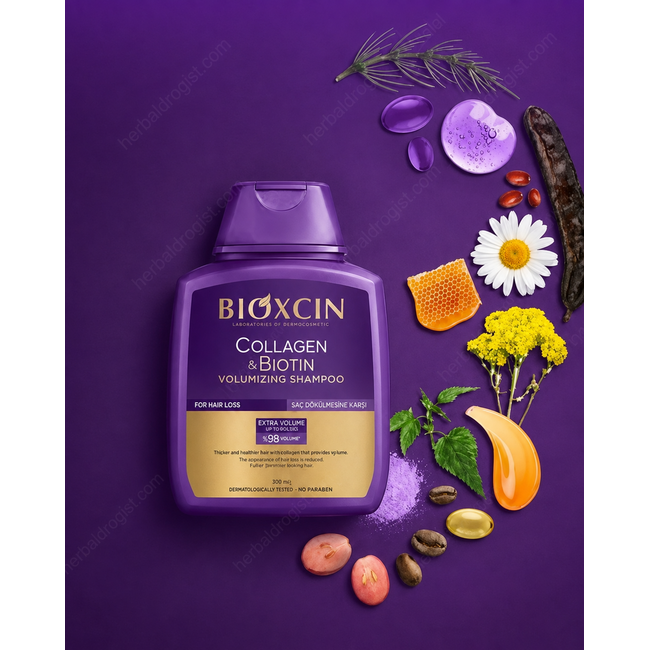 Bioxcin Collagen & Biotin Volumen Shampoo 300 ml – Ideal zum Testen – Gegen Haarausfall – +98% Volumen – Parabenfrei