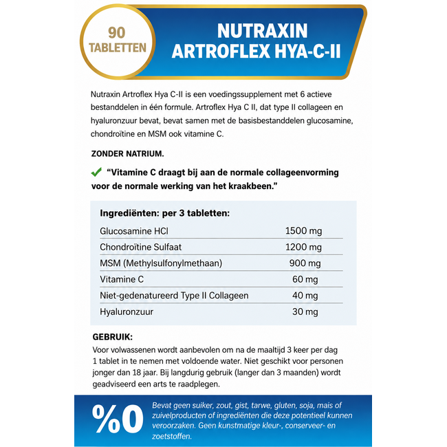 Nutraxin   Artroflex HYA-C-II 90 Tabletten – Glucosamin, Chondroitin, MSM, Typ-II-Kollagen, Hyaluronsäure & Vitamin C