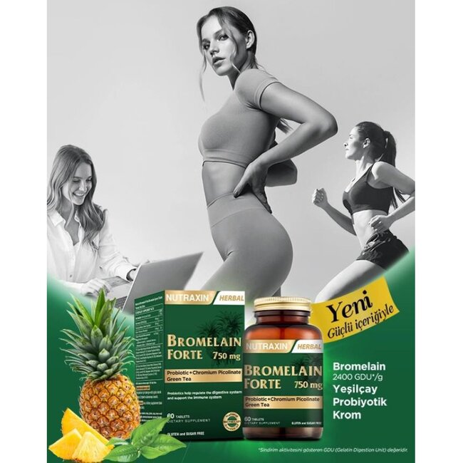 Nutraxin   Bromelain Forte 750 mg – 60 Tabletten mit Grüntee-Extrakt, Chrom & Bakterienkulturen