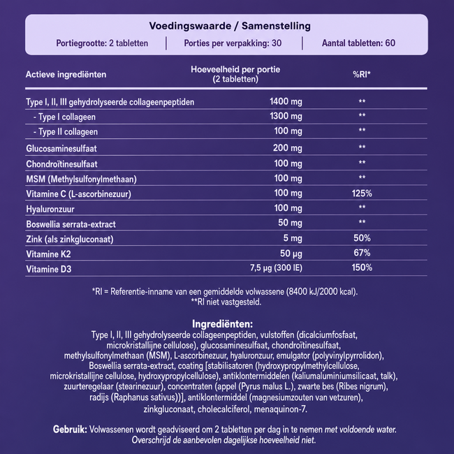 Suda   Collagen FX ONE 60 Tabletten | 1.400 mg Collageen Type I-II-III per Dagportie met FORTIGEL®, TENDOFORTE®, MSM, Glucosamine, Chondroïtine, Hyaluronzuur, Vitamine C, D3, K2 & Zink