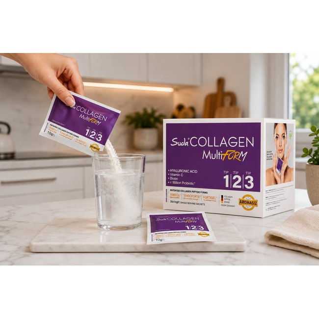 Suda   Multi Form Tip 1, 2 & 3 – 9.600 mg Kolajen, C Vitamini, Biotin ve Hyaluronik Asit – 30 Saşe