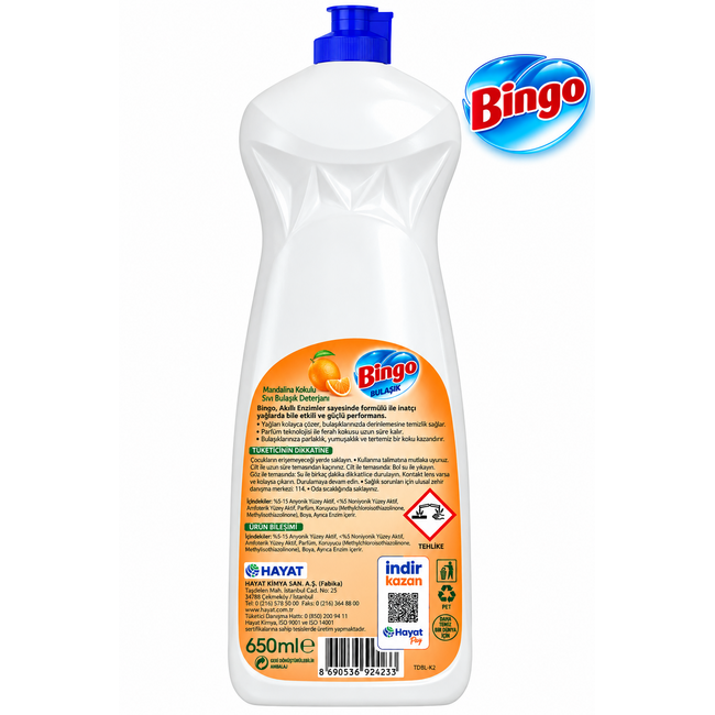 Bingo Afwasmiddel Mandarijn 650 ml – Handafwasmiddel met Frisse Mandarijngeur