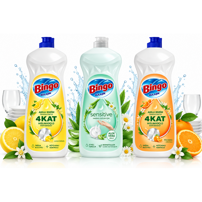 Bingo Elde Bulaşık Deterjanı 3'lü Set – Limon, Sensitive & Mandalina | Günlük Bulaşık Temizliği İçin Avantajlı Paket