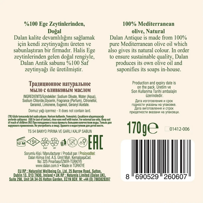 DALAN Antik Jabón Tradicional Natural de Aceite de Oliva 170 g – Jabón Elaborado Tradicionalmente a Mano con 100 % de Aceite de Oliva Natural de la Región del Egeo