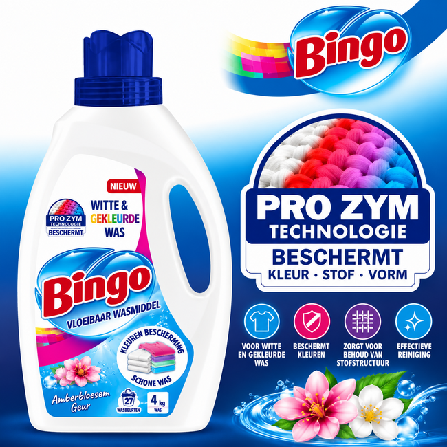 Bingo Lessive Liquide Fleur d’Ambre 1755 ml – Pour Linge Blanc et Coloré