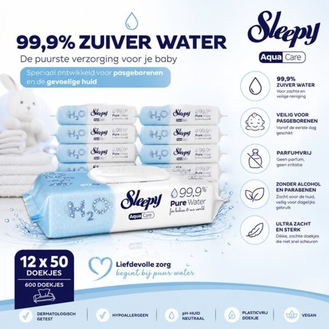 Sleepy Aqua Care H2O Vochtige Babydoekjes 50 Stuks | 99,9% Zuiver Water - Copy