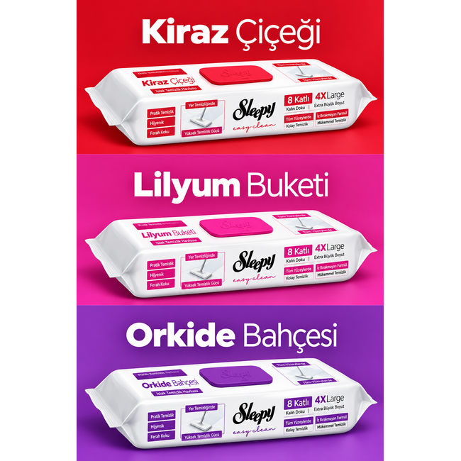 Sleepy  Easy Clean 3'lü Islak Temizlik Havlusu Seti | 8 Katlı 4XL | Kiraz Çiçeği, Lilyum, Orkide