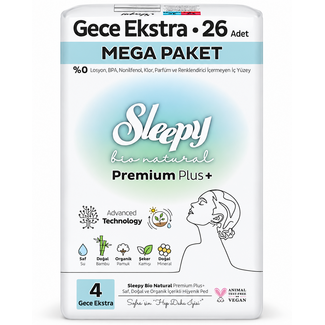 Sleepy Sleepy Bio Natural Premium Plus+ (Size 4) Mega Night Extra Sanitary Pads 14 pcs – Natural Protection and Long-Lasting Comfort