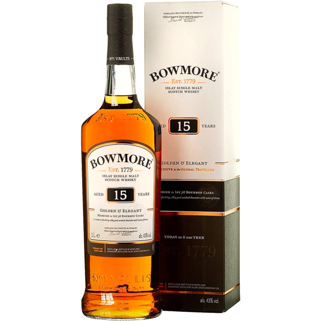 Bowmore 15 Years Old Golden & Elegant Global Traveller Islay Single Malt Scotch Whisky 1.0 l 43% vol