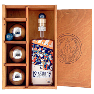 Pastis 12/12 / Frankreich, Provence, Marseille 12/12 Pastis de Saint Tropez Set Petanque in Holzkiste  0.7 l 45 % vol