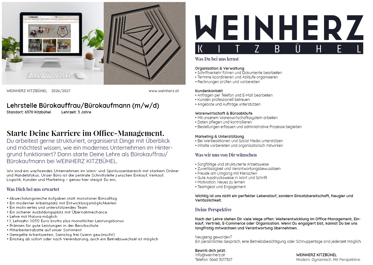 Bürokauff rau/mann (m/w/d) LEHRZEIT 3 JAHRE Berufsschule Kitzbühel