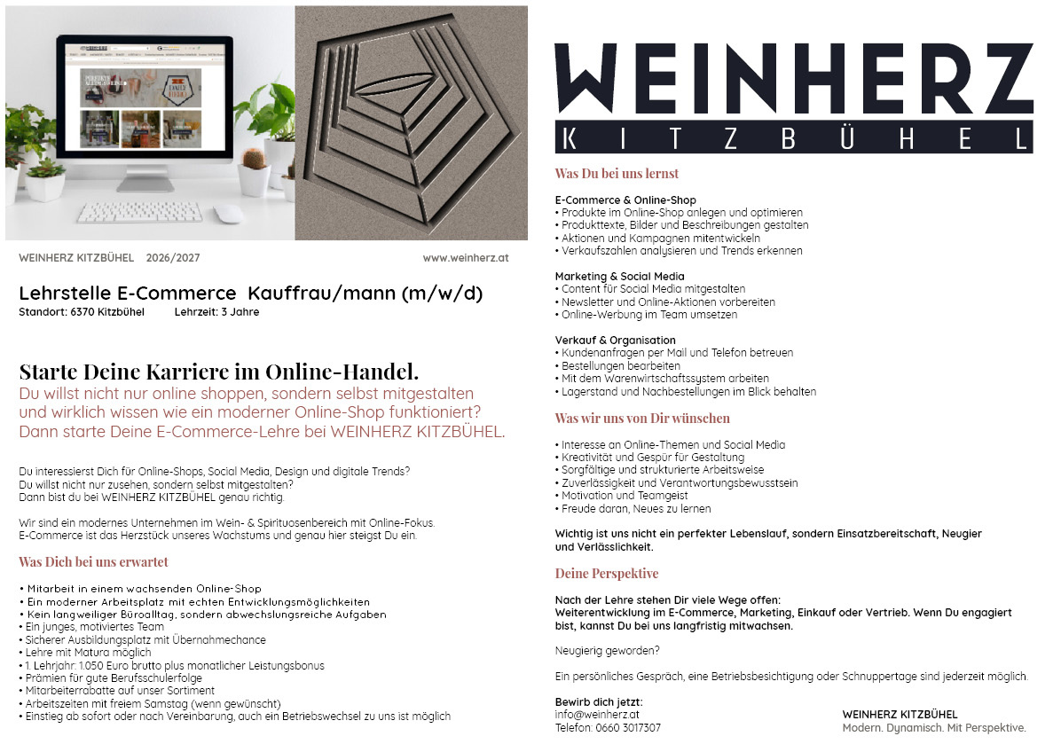 E-Commerce-Kauff rau/mann (m/w/d) LEHRZEIT 3 JAHRE Berufsschule Innsbruck