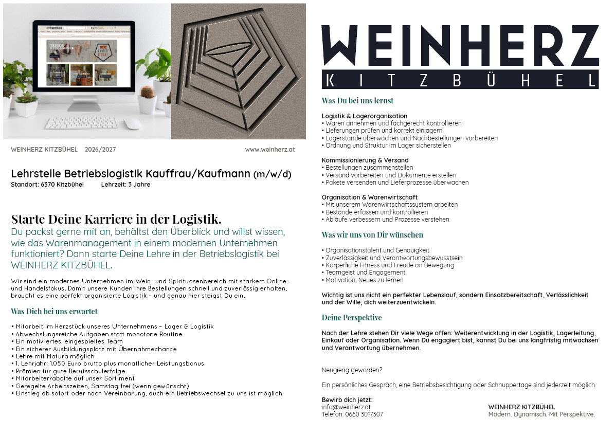 Betriebslogistikkauff rau/mann (m/w/d) LEHRZEIT 3 JAHRE Berufsschule Innsbruck