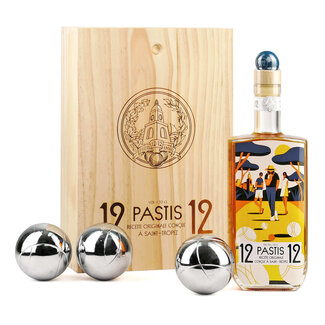 Pastis 12/12 / Frankreich, Provence, Marseille 12/12 Pastis de Saint Tropez Set Petanque in Holzkiste  0.7 l 45 % vol