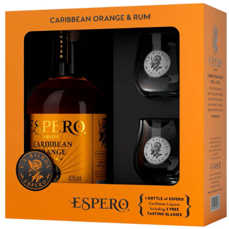 Ron Espero Distillery / Karibik, Dom. Republik  Creole Caribbean Orange Rum Based Spirit Set mit 2 Gläsern 0,7 l 40 % vol