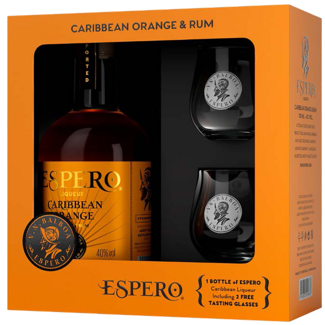 Ron Espero Distillery / Karibik, Dom. Republik  Espero Creole Caribbean Orange Rum Based Spirit Set mit 2 Gläser 0.7 l 40% vol