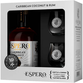 Ron Espero Distillery / Karibik, Dom. Republik  Coconut & Rum Creole Flavoured Liqueur Set mit 2 Gläser 0.7 l 40% vol
