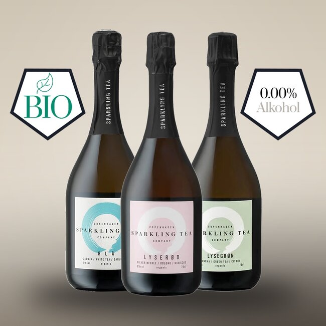 Copenhagen-Set Sparkling Tea Lyserød, BLÅ und Lysegrøn alkoholfrei 3 x 0,75 l