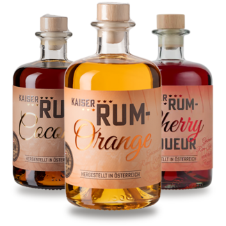 Feinbrennerei Prinz / Österreich, Vorarlberg, Hörbranz Prinz Kaiser Rum Likör Set Coconut, Orange und Kirsch 3 x 0,5 l 40 % vol