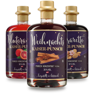 Feinbrennerei Prinz / Österreich, Vorarlberg, Hörbranz Prinz Kaiser-Punsch Set Weihnachts, Blutorange, Amaretto 3 x 0,5 l 30 % vol