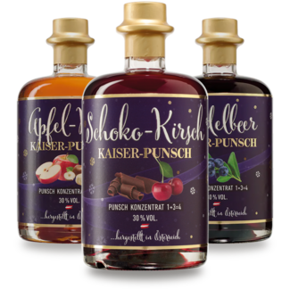 Feinbrennerei Prinz / Österreich, Vorarlberg, Hörbranz Prinz Kaiser-Punsch Set Apfel-Nuss, Schoko-Kirsch, Heidelbeer 3 x 0,5 l 30 % vol
