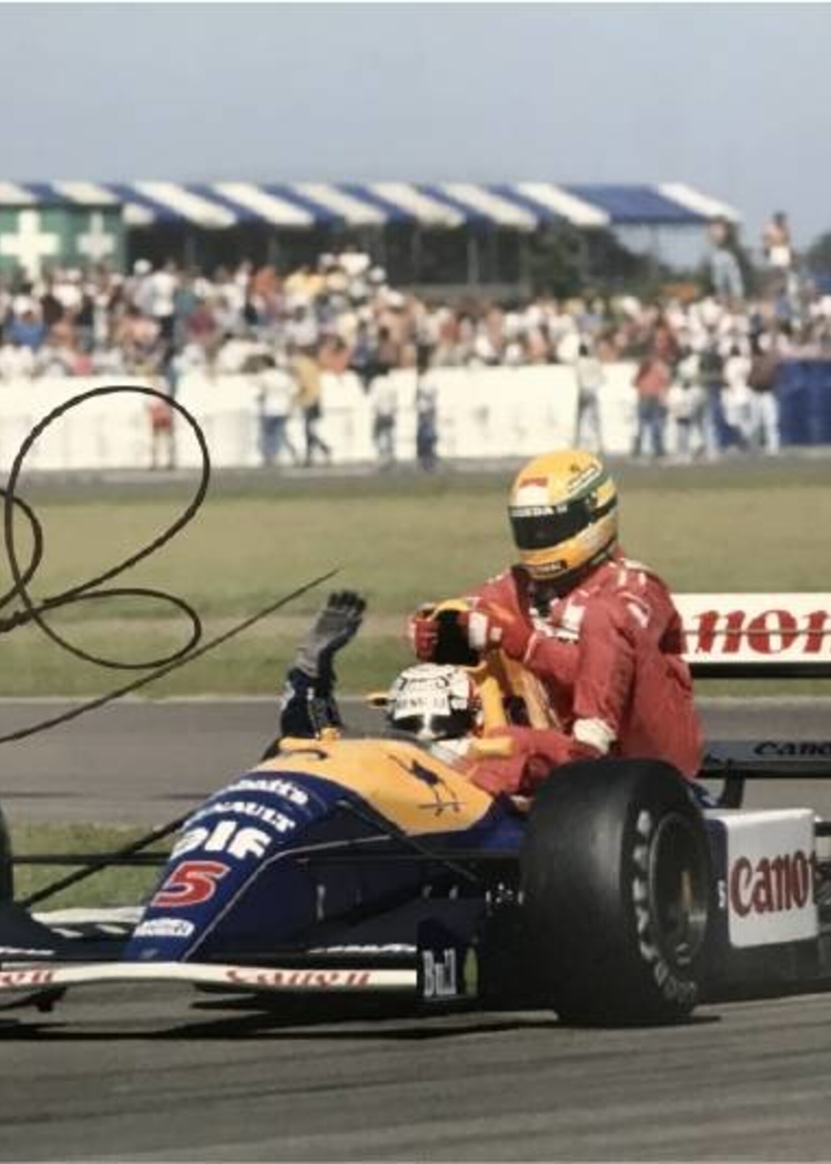 Photo Nigel Mansell Taxi for Senna with signature Mansell
