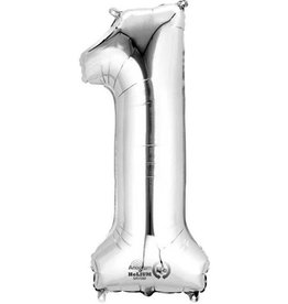 Partydeco Zilveren folieballon - Cijfer 1 - 86cm