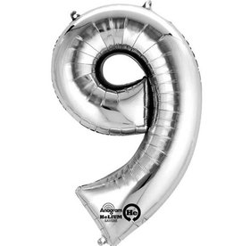 Zilveren folieballon - Cijfer 9 - 86cm