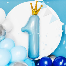 Partydeco Blauwe Cijferballon nr 1 met kroontje