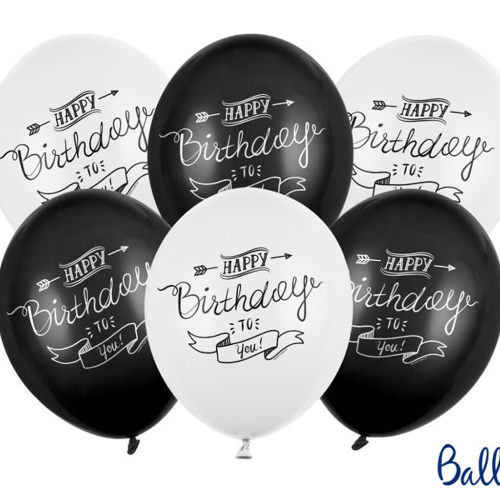 Partydeco Ballon 30cm - Happy Birthday to you (wit/zwart)