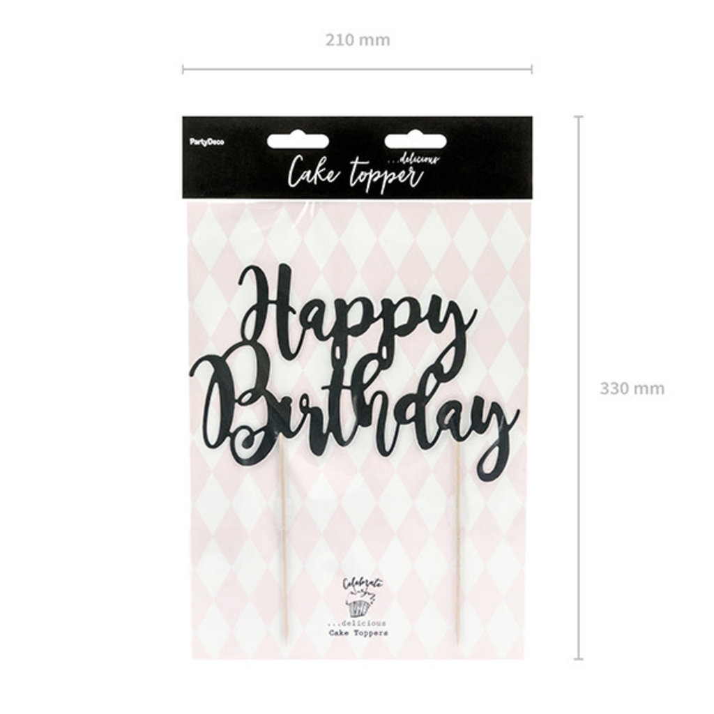 Partydeco Happy Birthday - cake topper (zwart)