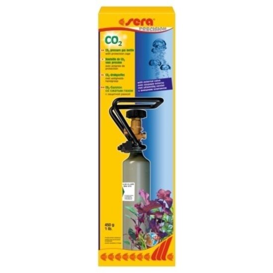 Sera Sera CO2-drukgasfles met uitwendig ventiel en draaggreep (cage)