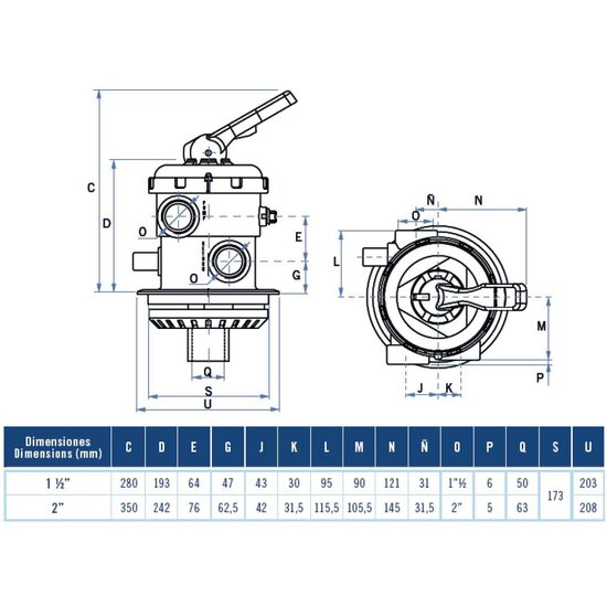 AquaForte 6-Wegklep 1½” (Top aansluiting)