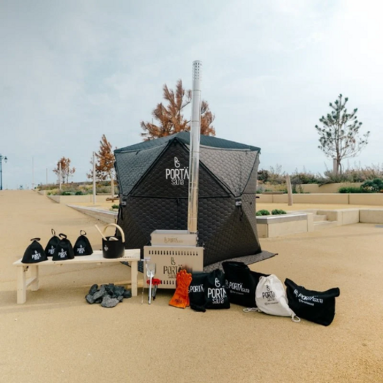 PortaSauna HEX houtgestookte buitensauna voor 4–6 personen – complete set met kachel en cederhouten bank