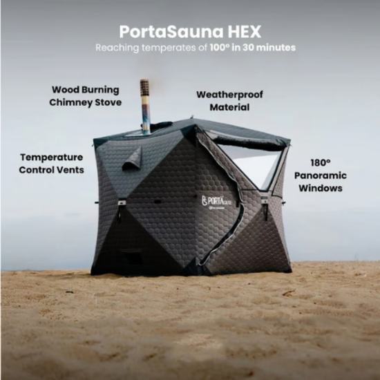 PortaSauna HEX houtgestookte buitensauna voor 4–6 personen – complete set met kachel en cederhouten bank