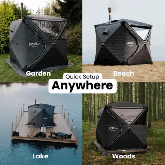 PortaSauna HEX houtgestookte buitensauna voor 4–6 personen – complete set met kachel en cederhouten bank