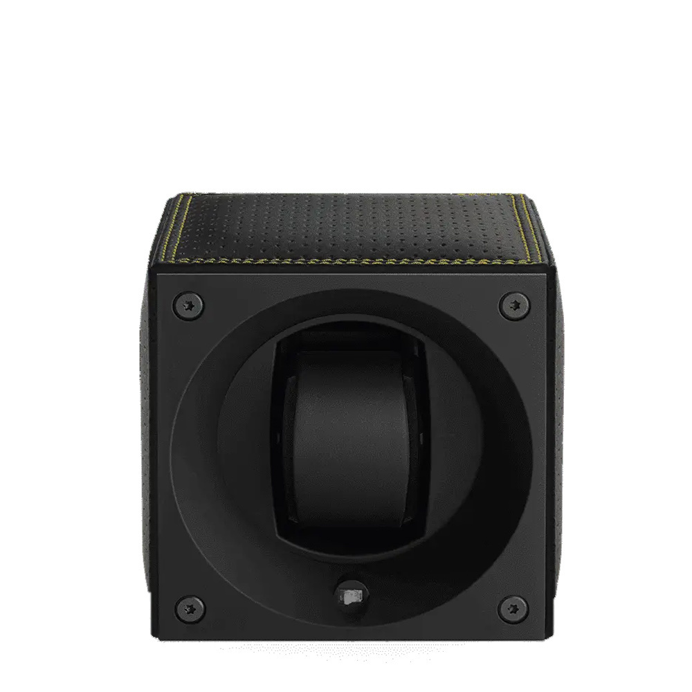 SWISS KUBIK Racing-Kollektion – Genähtes schwarzes Leder & gelbe Doppelnähte